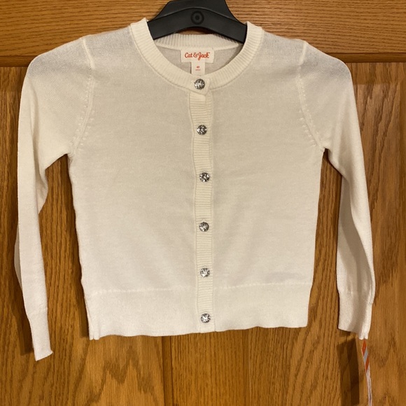 4T Cat & Jack Cream Cardigan Sweater with sparkling buttons, ribbed cuffs& waist - Picture 3 of 9